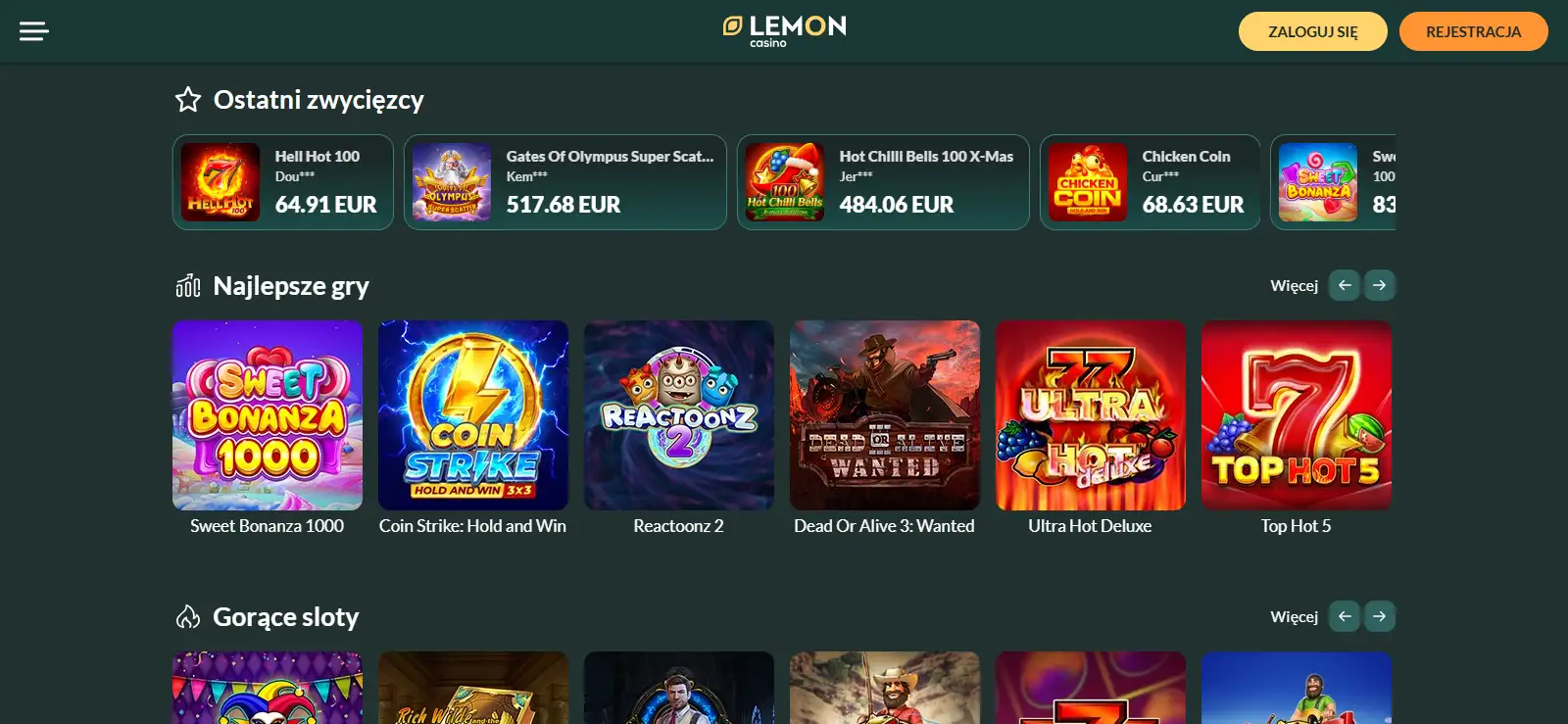 Aktualny widok oficjalnej strony Lemon Casino
