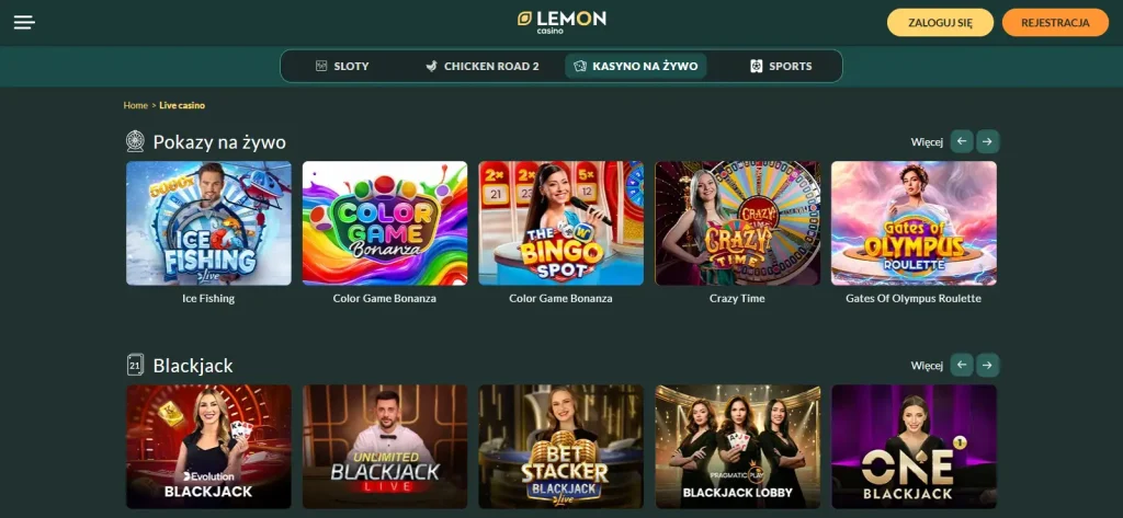 Aktualne lobby kasyna na żywo Lemon Casino