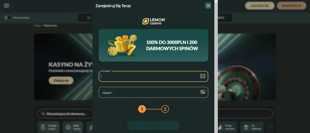 Aktualny formularz rejestracji Lemon Casino