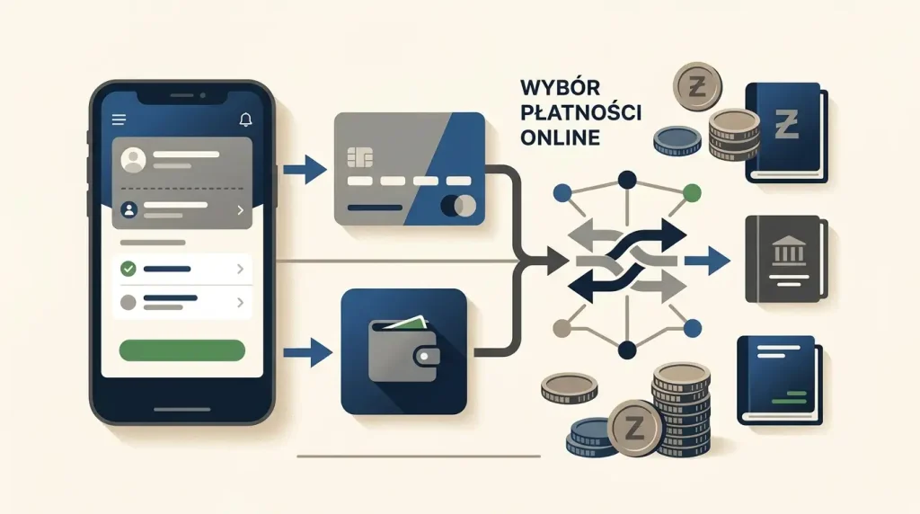 Ilustracja płatności w PLN z telefonem, kartą i portfelem elektronicznym