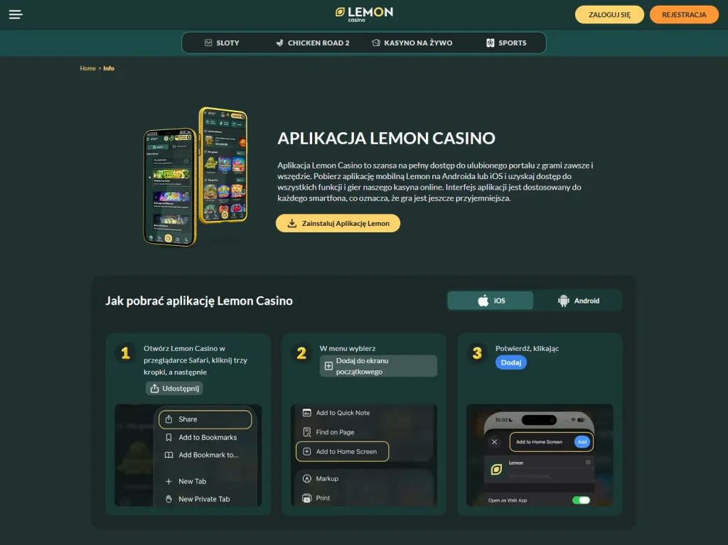 Oficjalna strona mobilna Lemon Casino z instrukcjami dla iOS i Androida