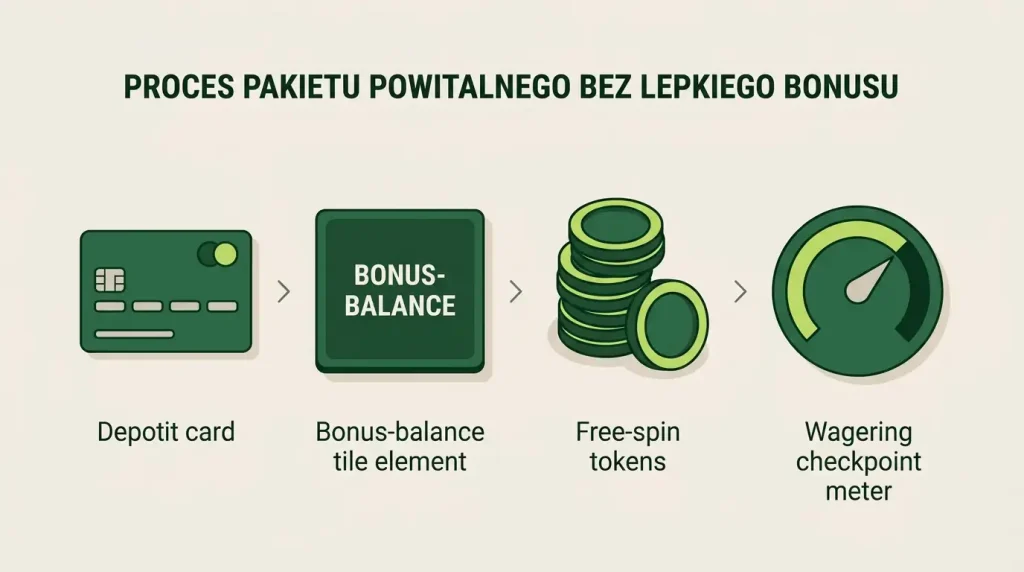 Schemat działania bonusu Non-Sticky z depozytem, saldem bonusowym i darmowymi spinami